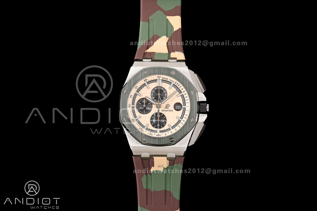 Royal Oak Offshore 44mm SS Green Ceramic Bezel JF 1:1 Best Edition Cream Dial on Rubber Strap A3126